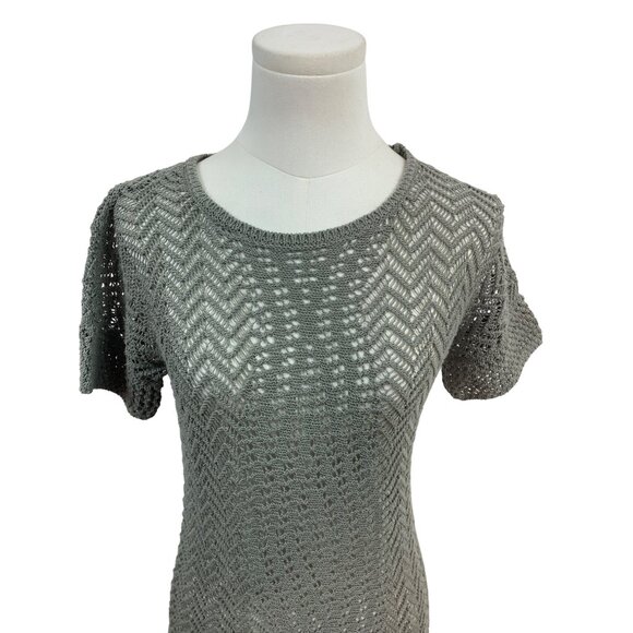 Chicos Open Knit Short Sleeve Sweater Top Gray Chevron Pattern Size 00 - Picture 4 of 6